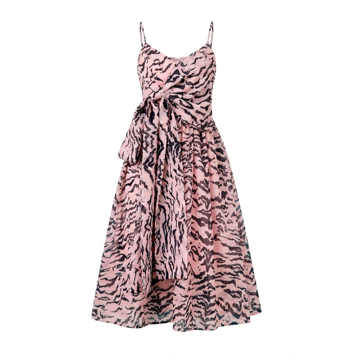 Exotica sleeveless midi dress in pink and black abstract animal print with an oversized front tie and spaghetti straps.