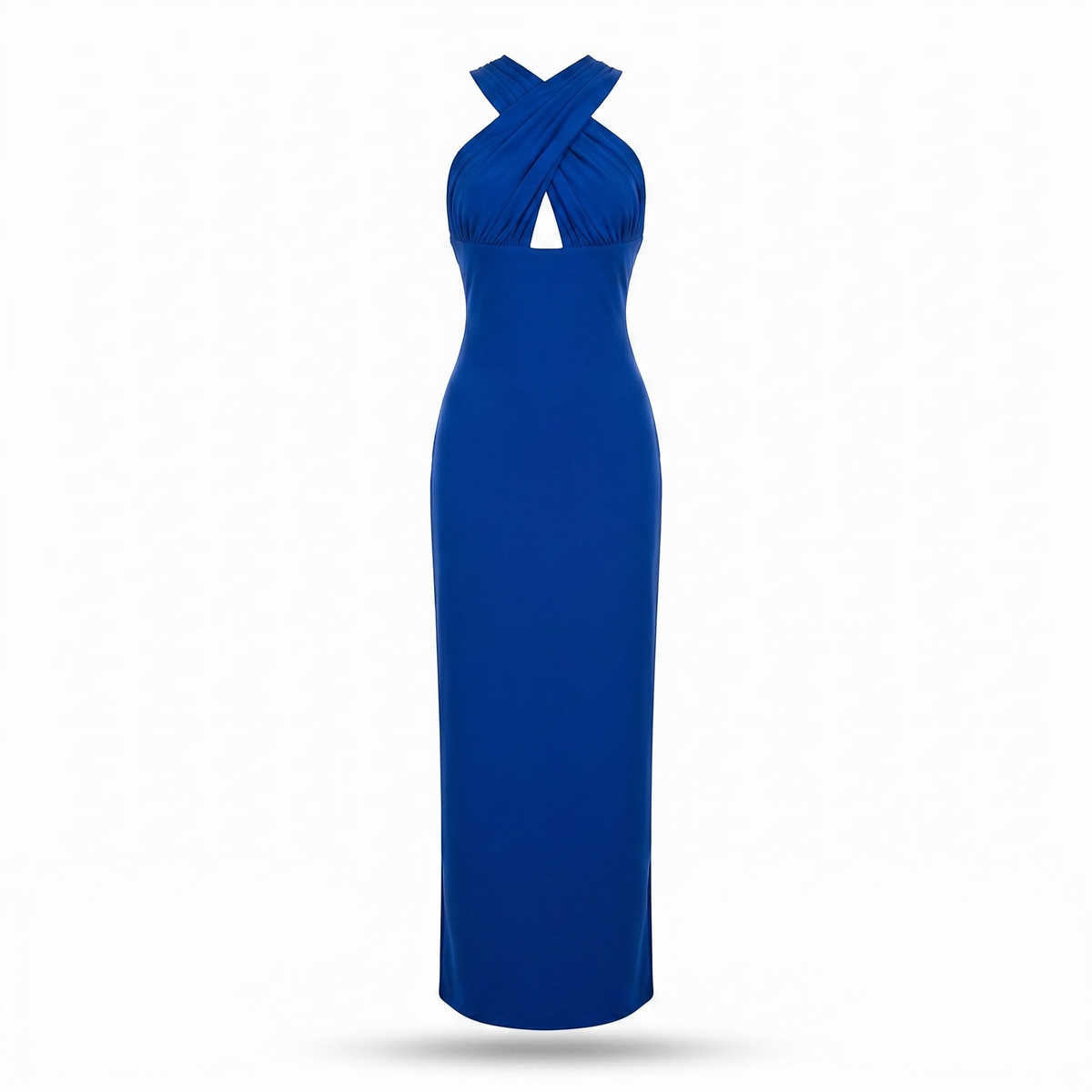 Exotica royal blue evening maxi dress with a sophisticated crisscross halter neckline and a sculpted bodice.