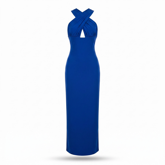 Exotica royal blue evening maxi dress with a sophisticated crisscross halter neckline and a sculpted bodice.