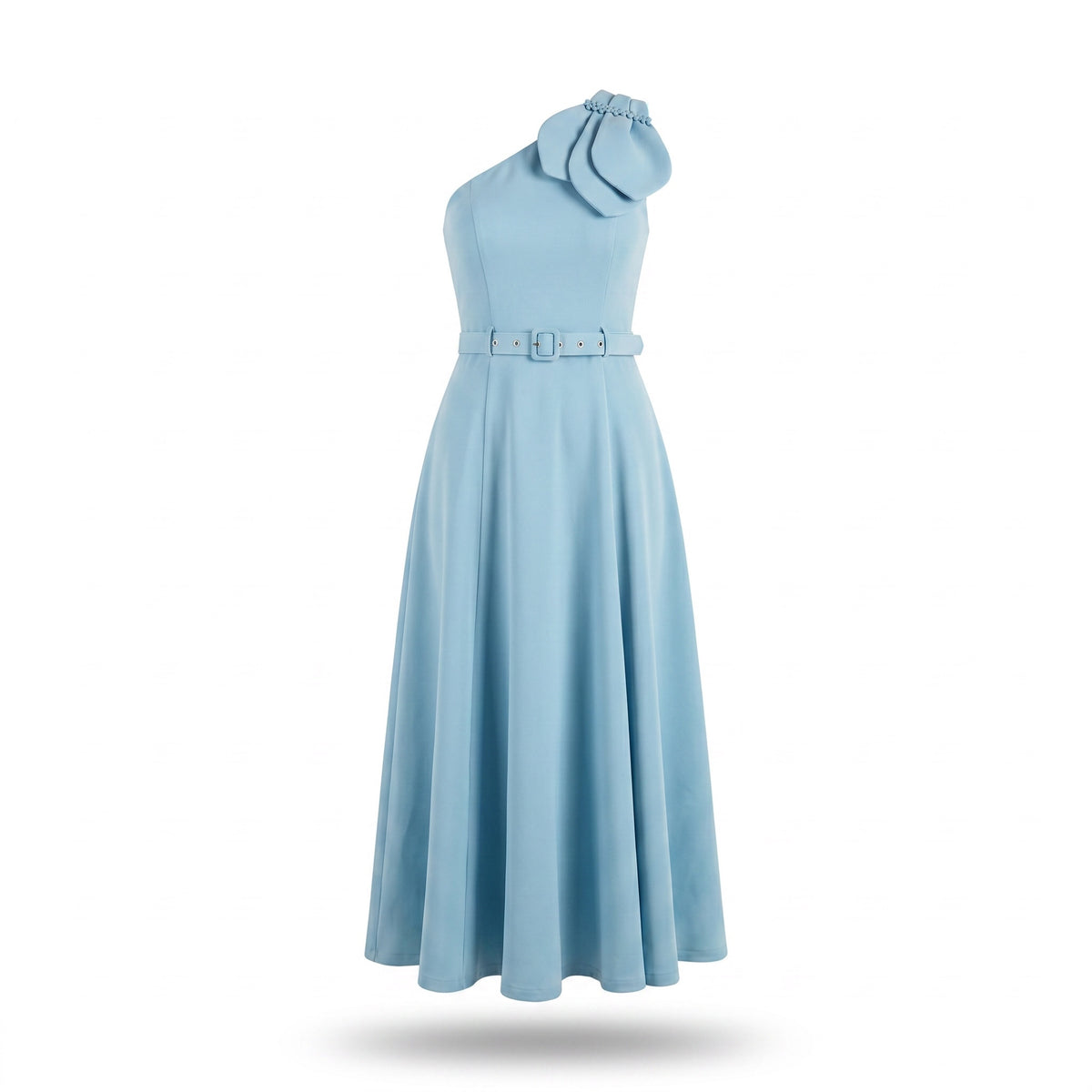 Exotica sky-blue one-shoulder midi dress with a floral shoulder accent and matching waist belt.