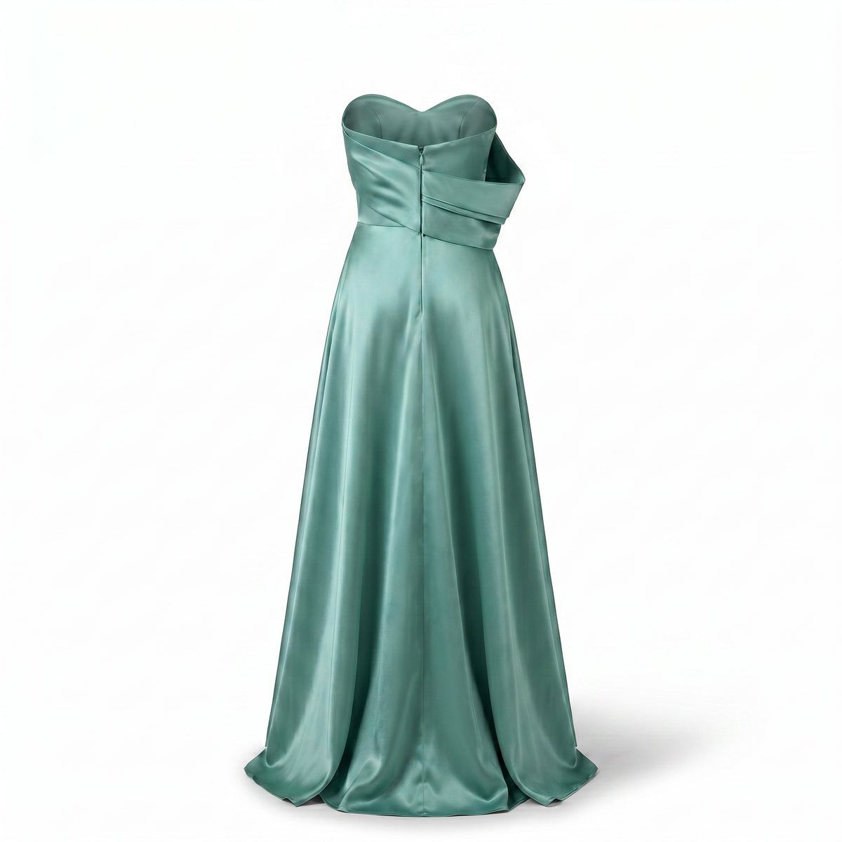Vestido de gala largo Exotica en satén verde agua con escote palabra de honor y detalle drapeado en la espalda