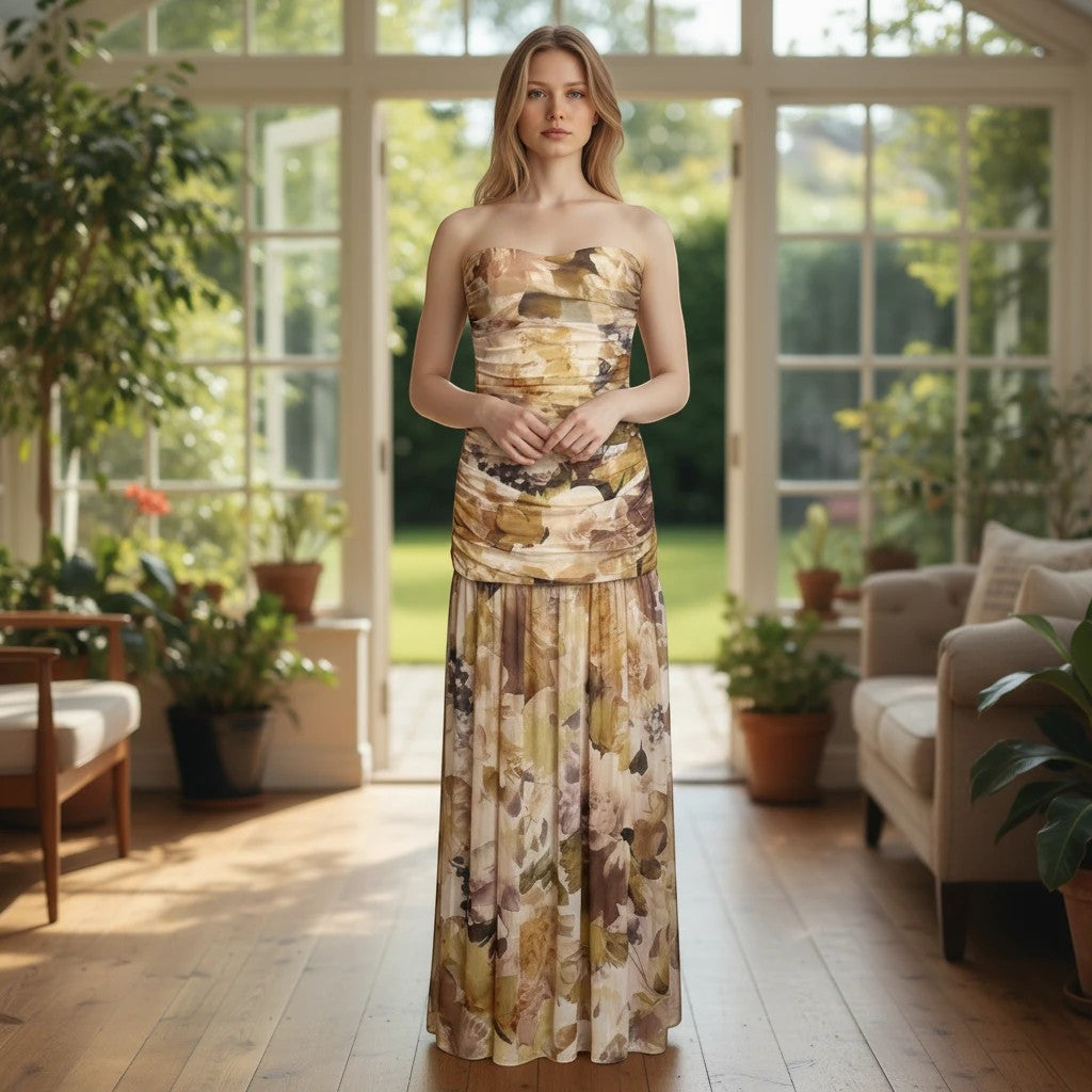 Modelo con vestido largo Exotica palabra de honor, estampado floral en tonos tierra, ocre y dorado, corte fluido.