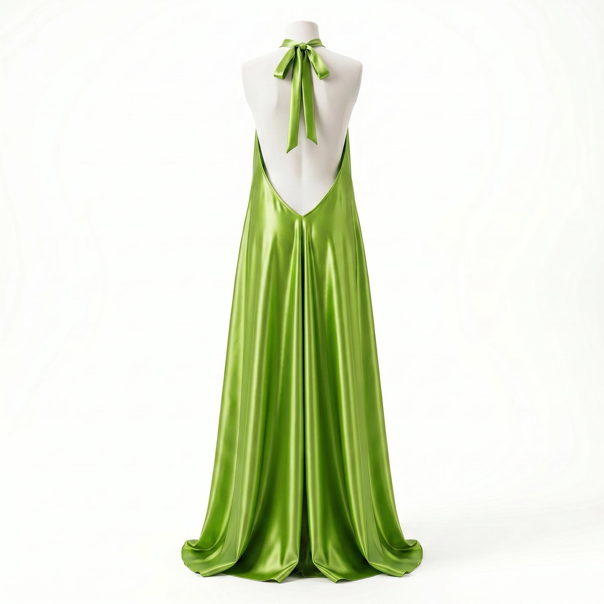 Vestido largo Exotica de satén verde lima con cuello halter y espalda descubierta con lazo ajustable