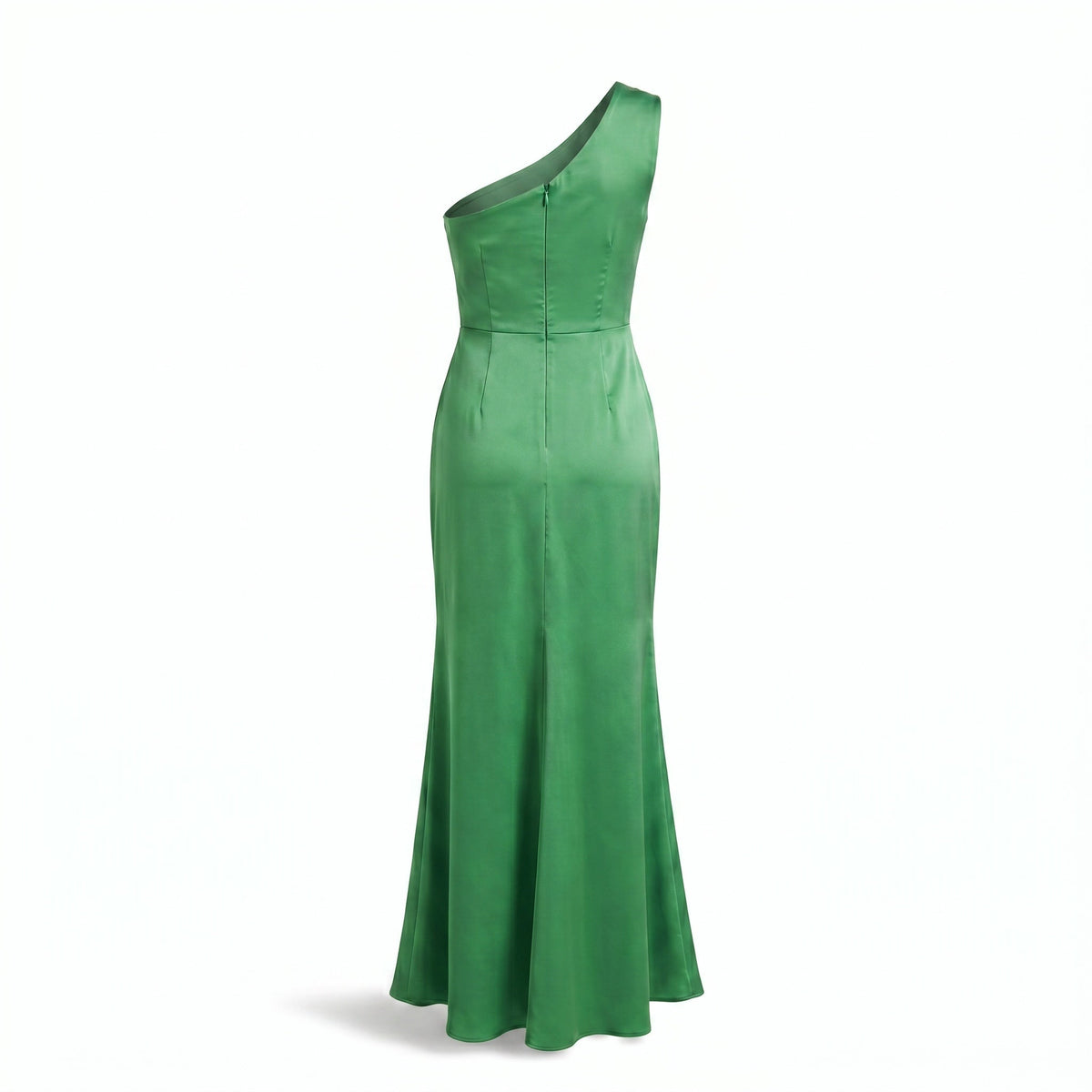 Vestido largo de gala Exotica verde esmeralda en satén con diseño de un solo hombro y cremallera oculta en la espalda.