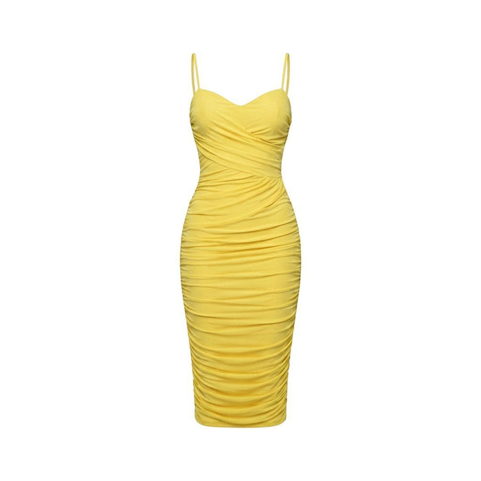 Vestido Midi Fruncido Amarillo