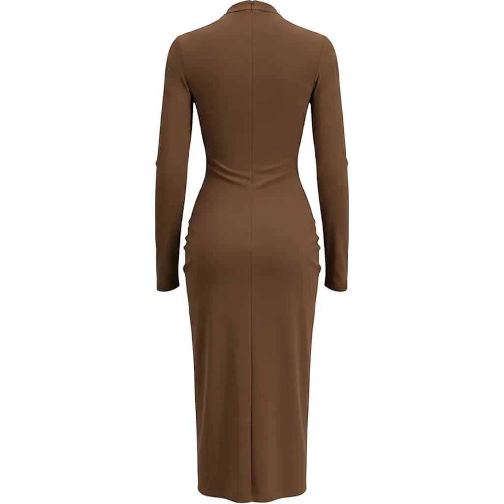 Vestido midi Exotica ajustado color marrón chocolate con cuello alto, manga larga y abertura trasera