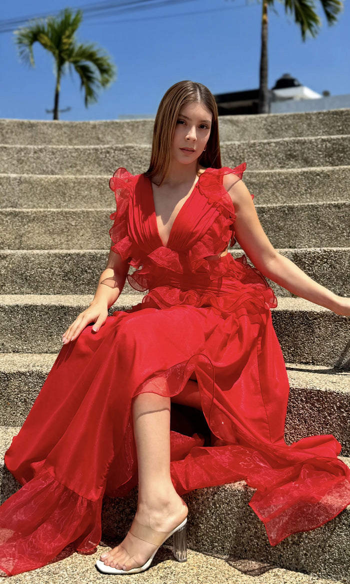 Vestido Largo Volantes Rojo