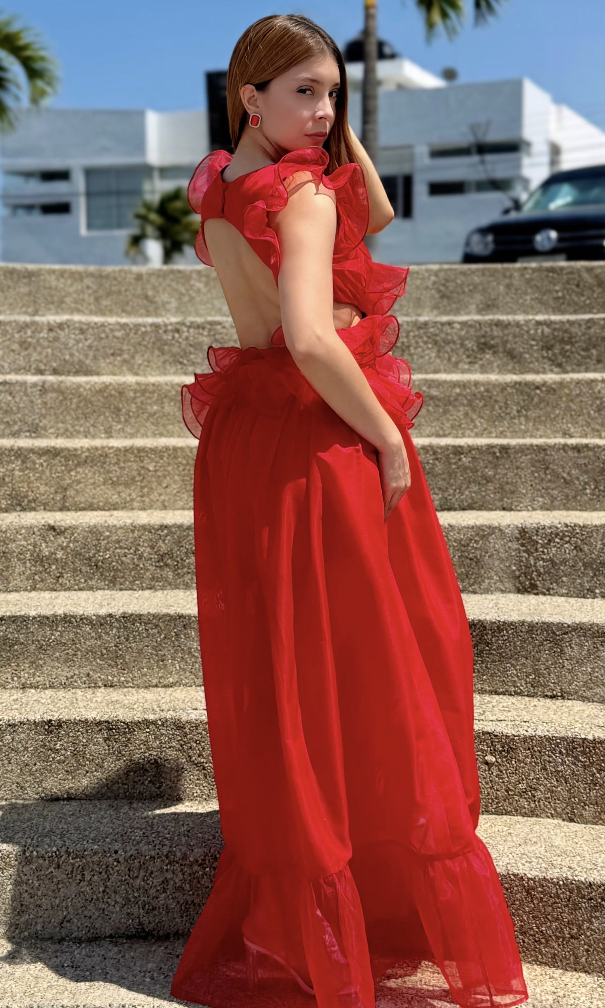 Vestido Largo Volantes Rojo
