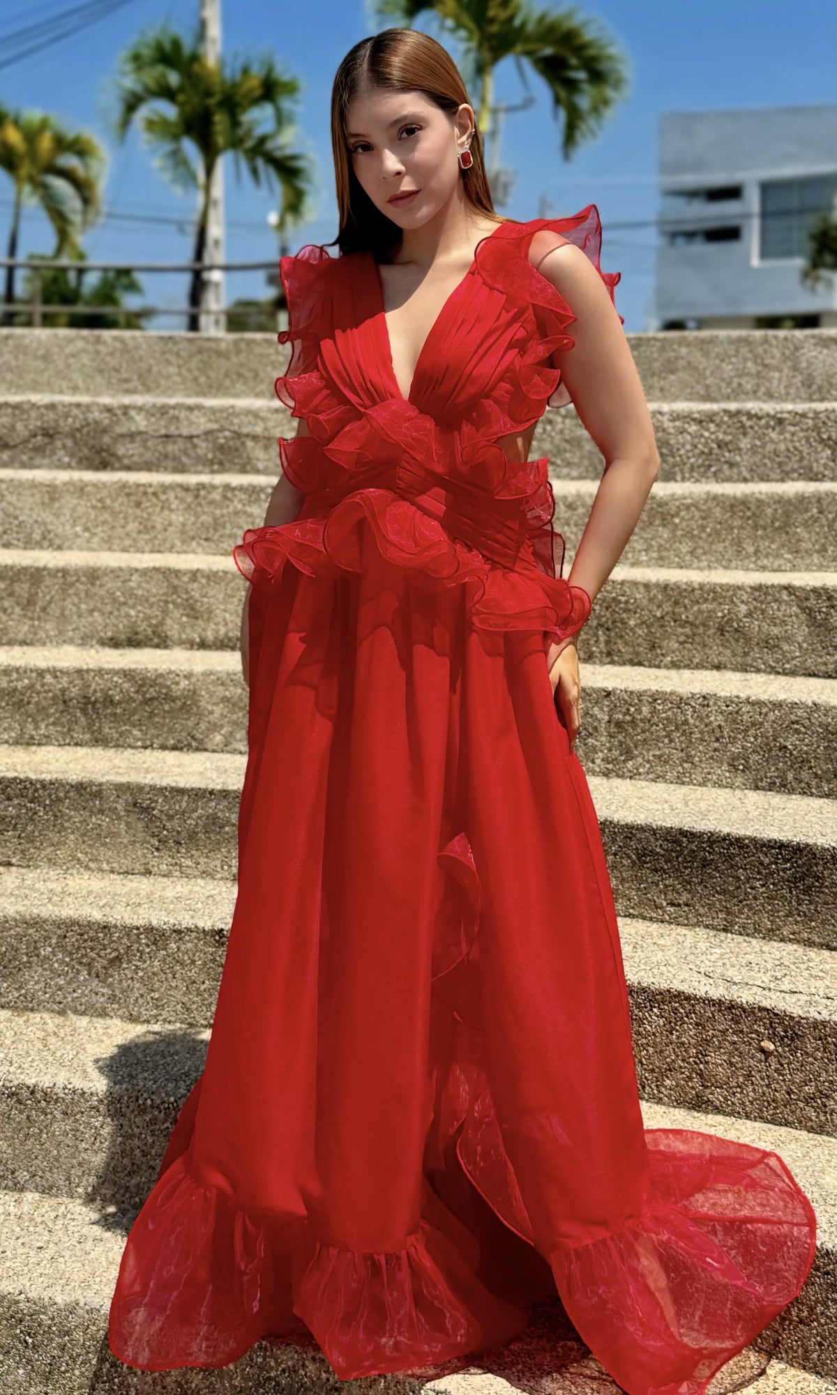 Vestido Largo Volantes Rojo