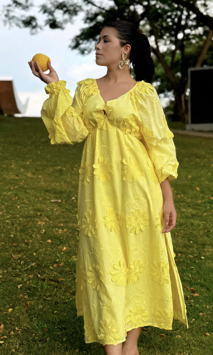 Vestido Midi Flores Bordadas 