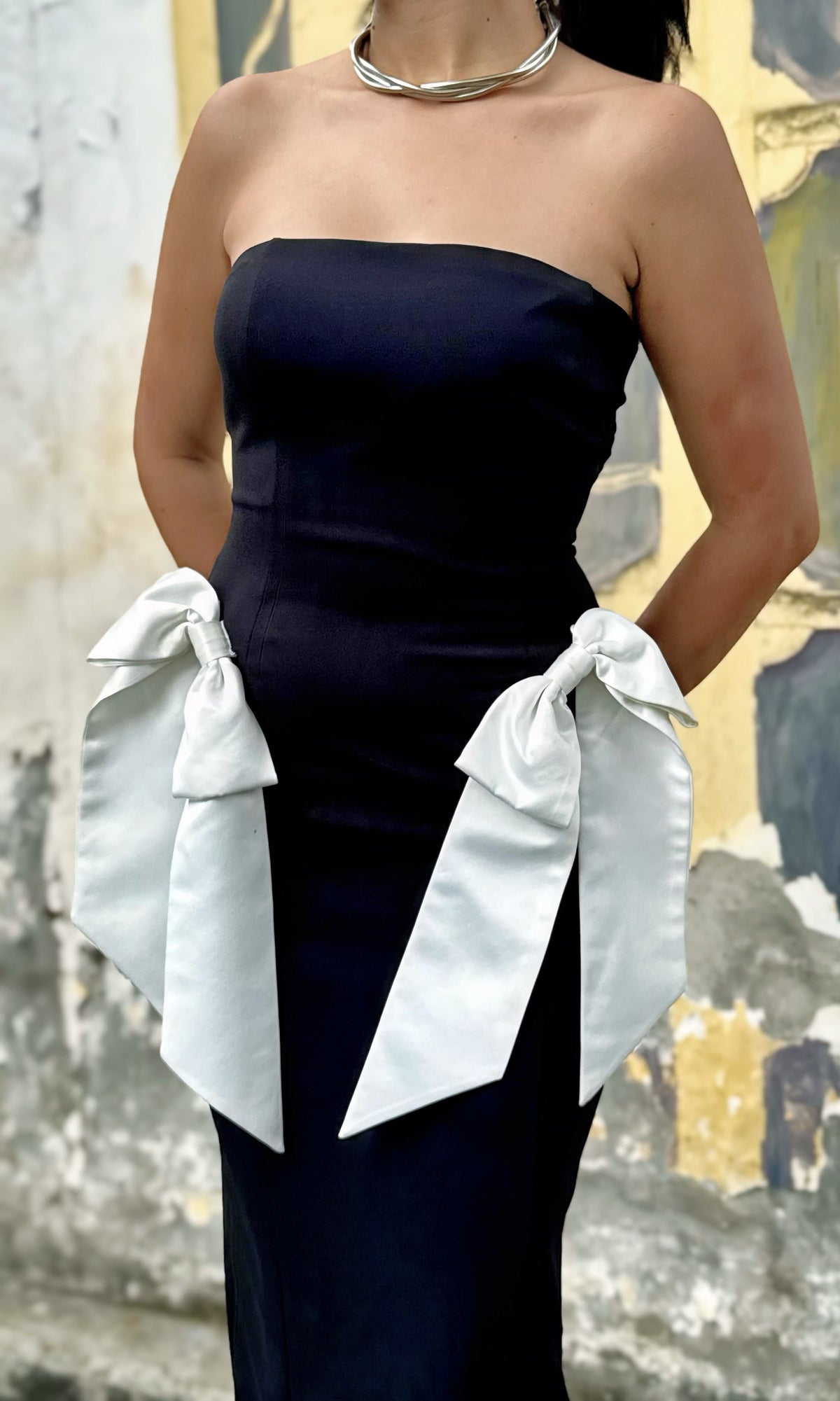 Vestido Lazos Contraste Negro