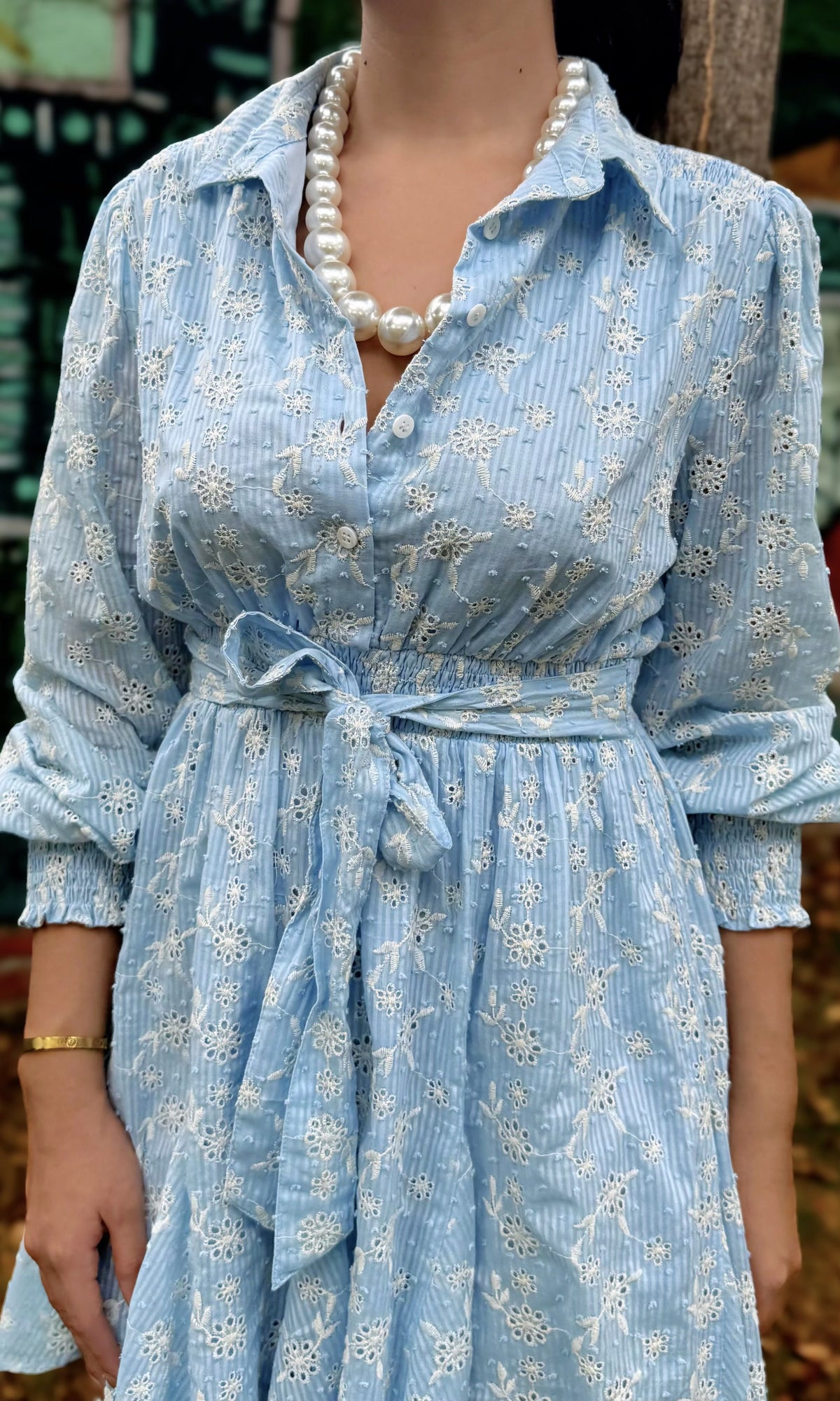 Vestido Camisero Bordado Celeste