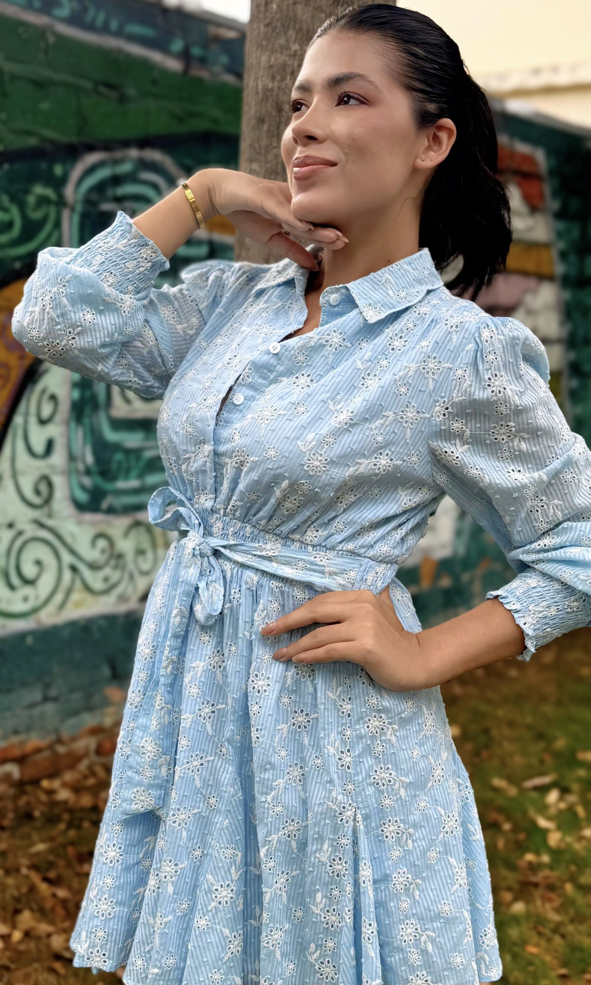 Vestido Camisero Bordado Celeste