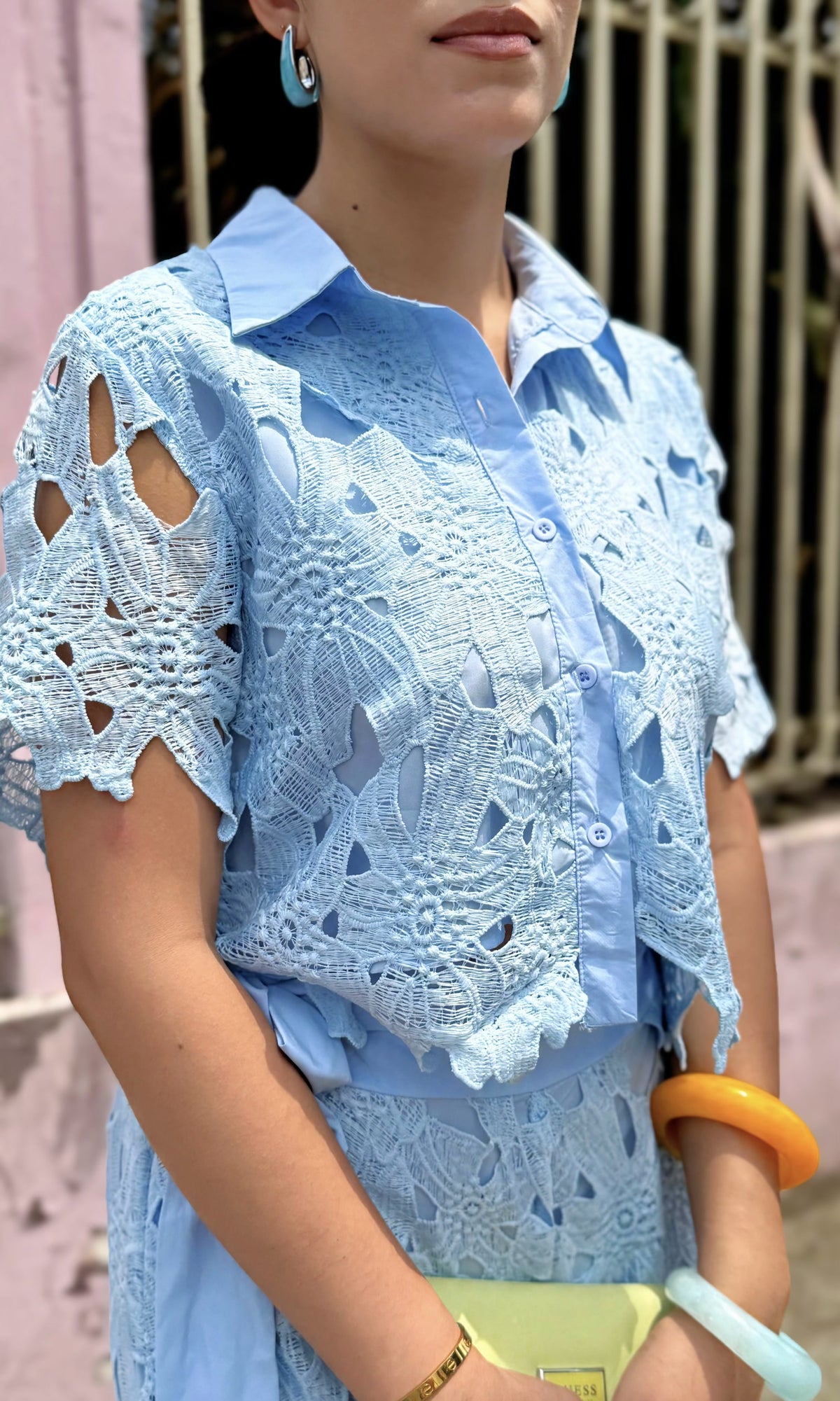 Conjunto Encaje Calado Celeste