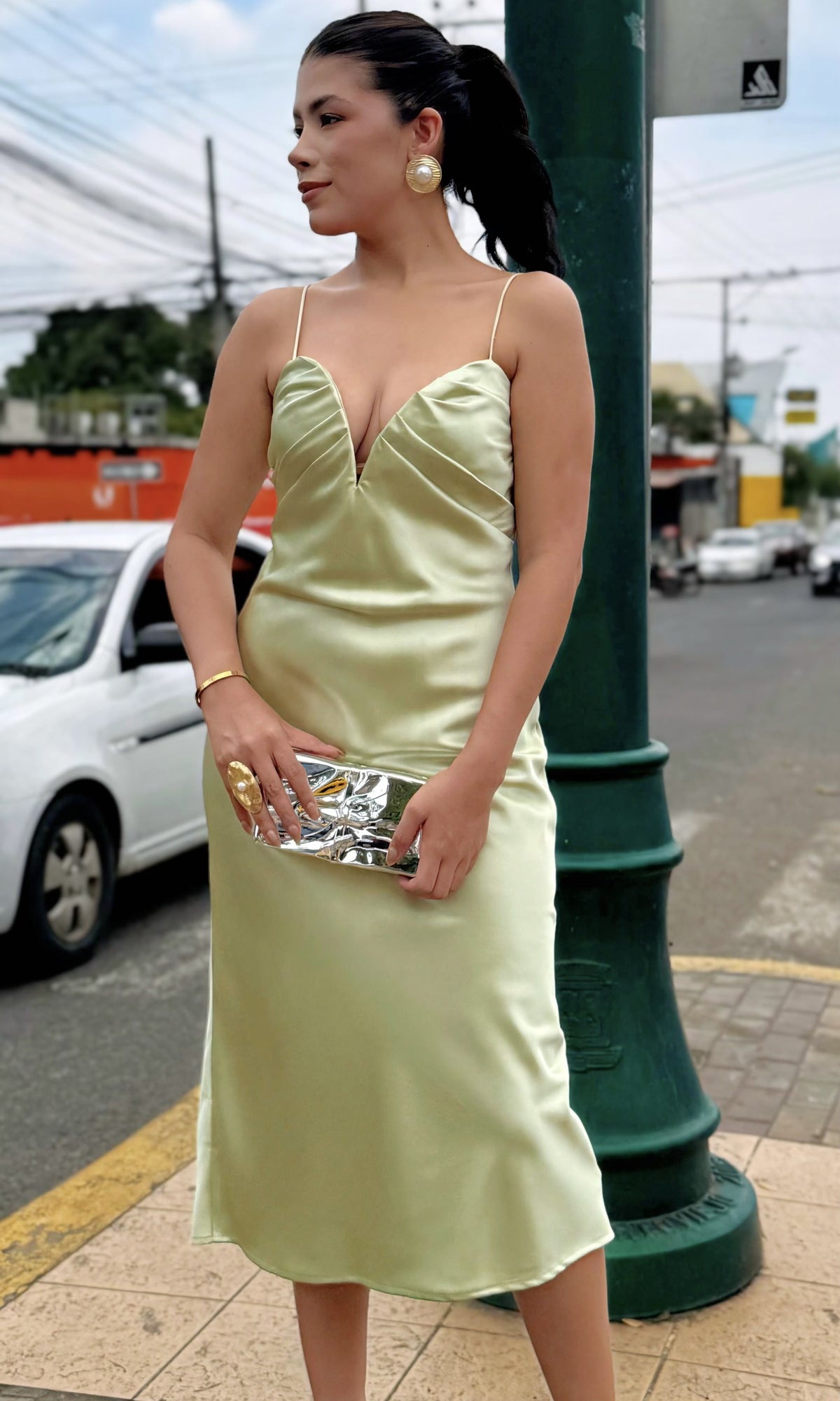 Vestido Lencero Satinado Verde claro