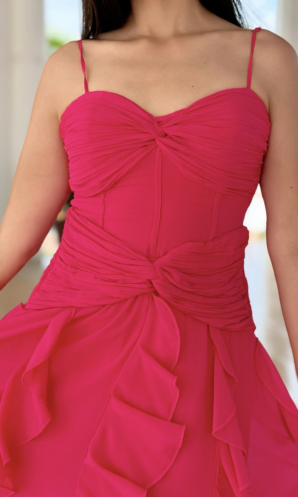 Vestido Gala Volantes Fucsia