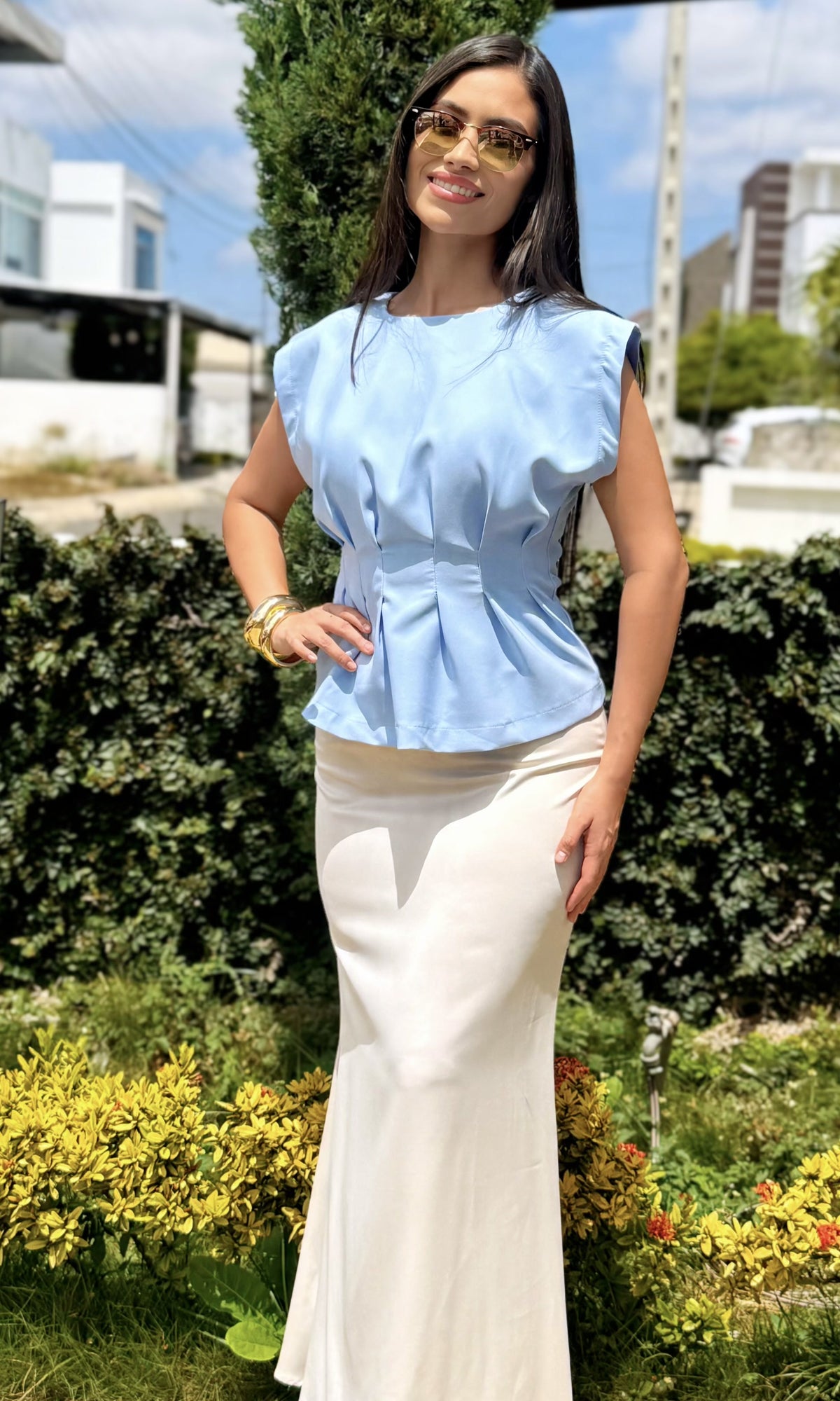 Blusa Pinzas Peplum Celeste
