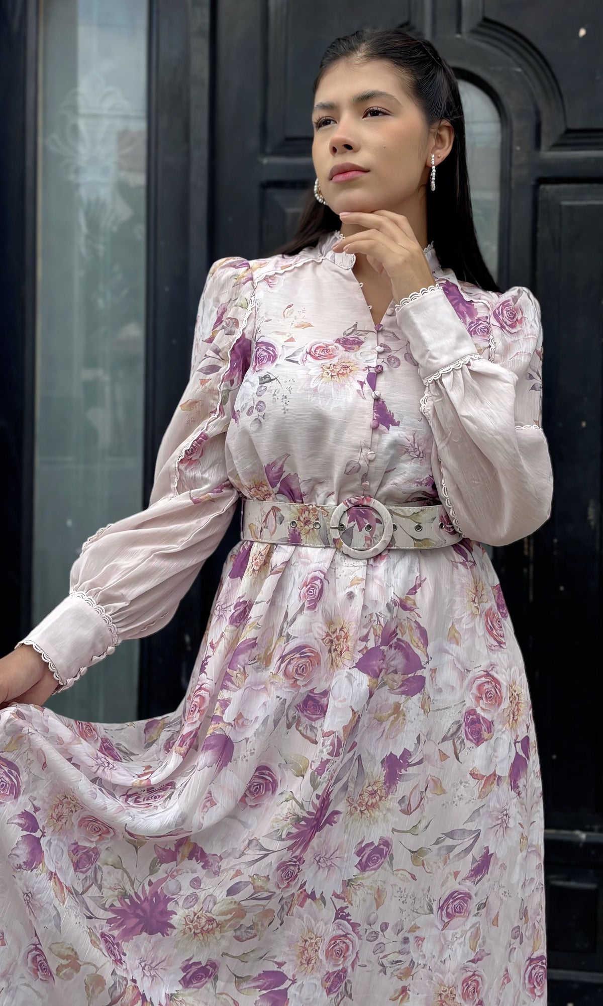 Vestido Largo Floral Cinturón Floral