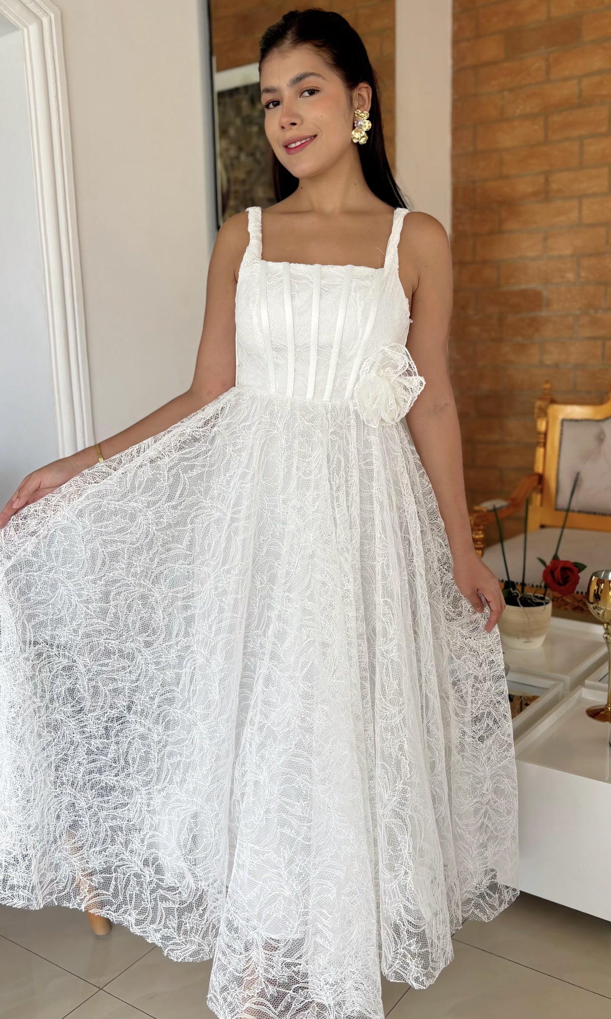 Vestido Midi Encaje Flor Blanco