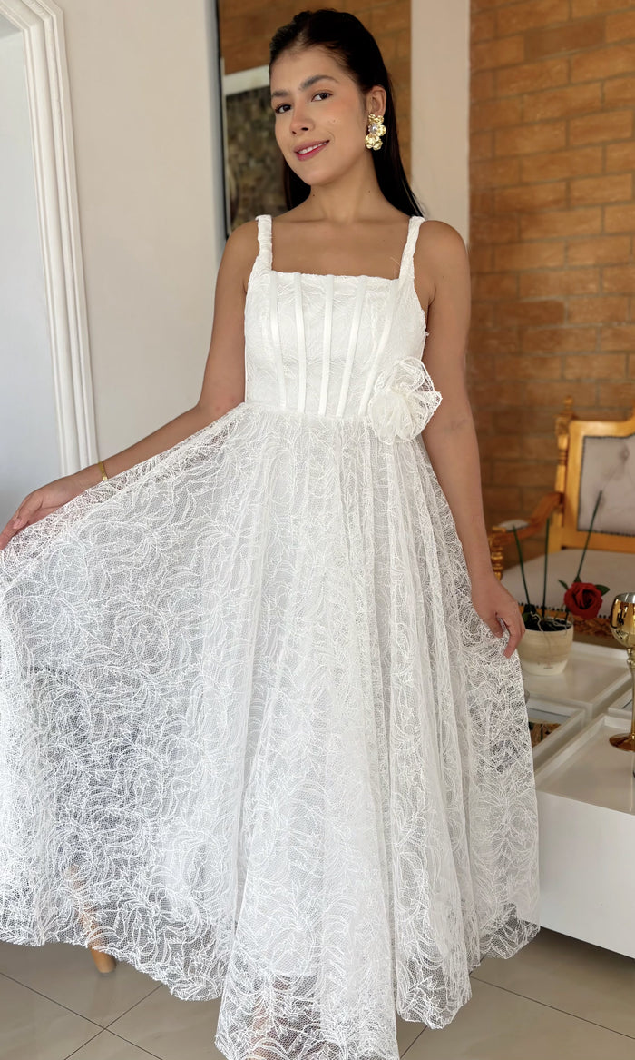Vestido Midi Encaje Flor 