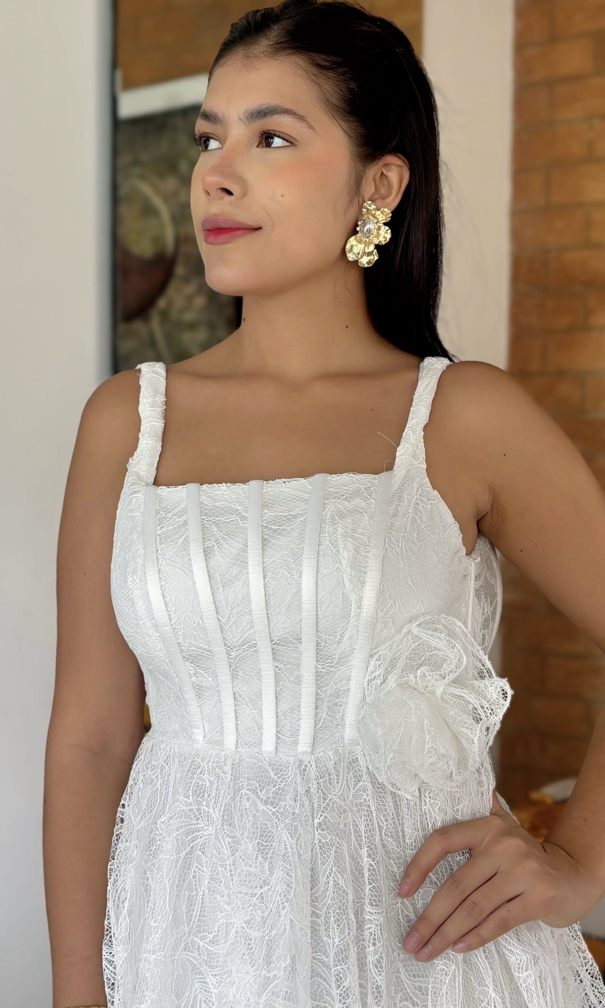 Vestido Midi Encaje Flor Blanco