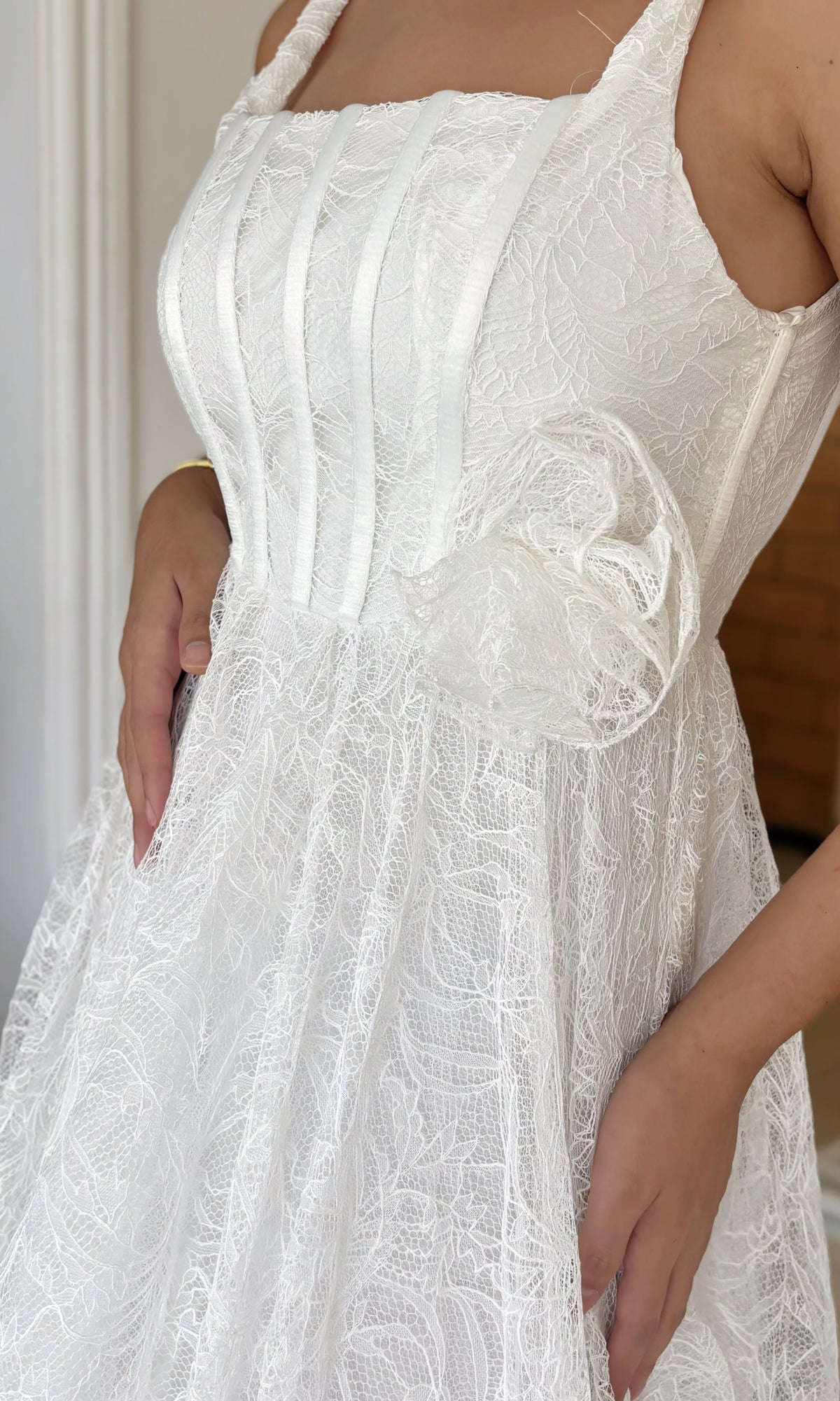 Vestido Midi Encaje Flor Blanco