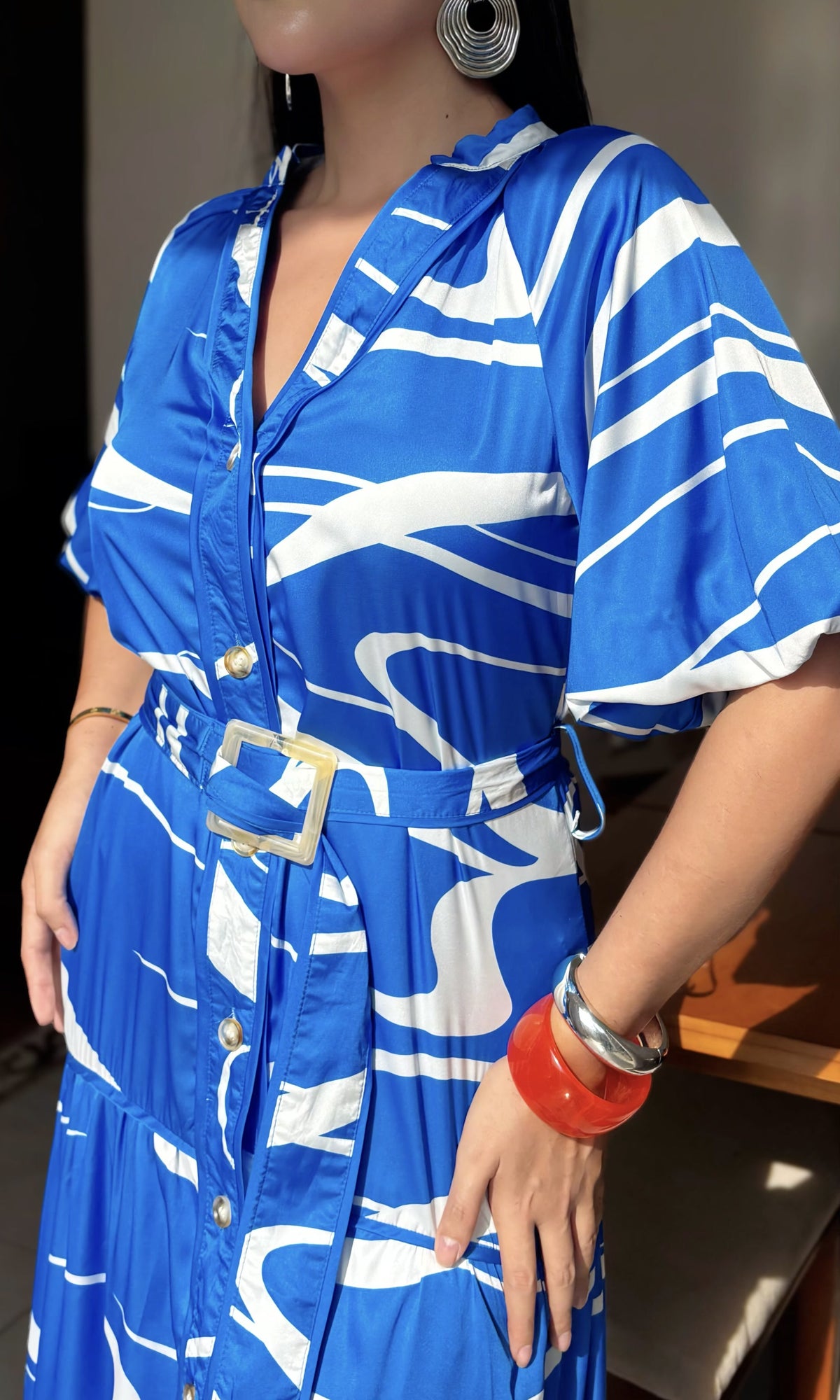 Vestido Midi Camisero Estampado Azul