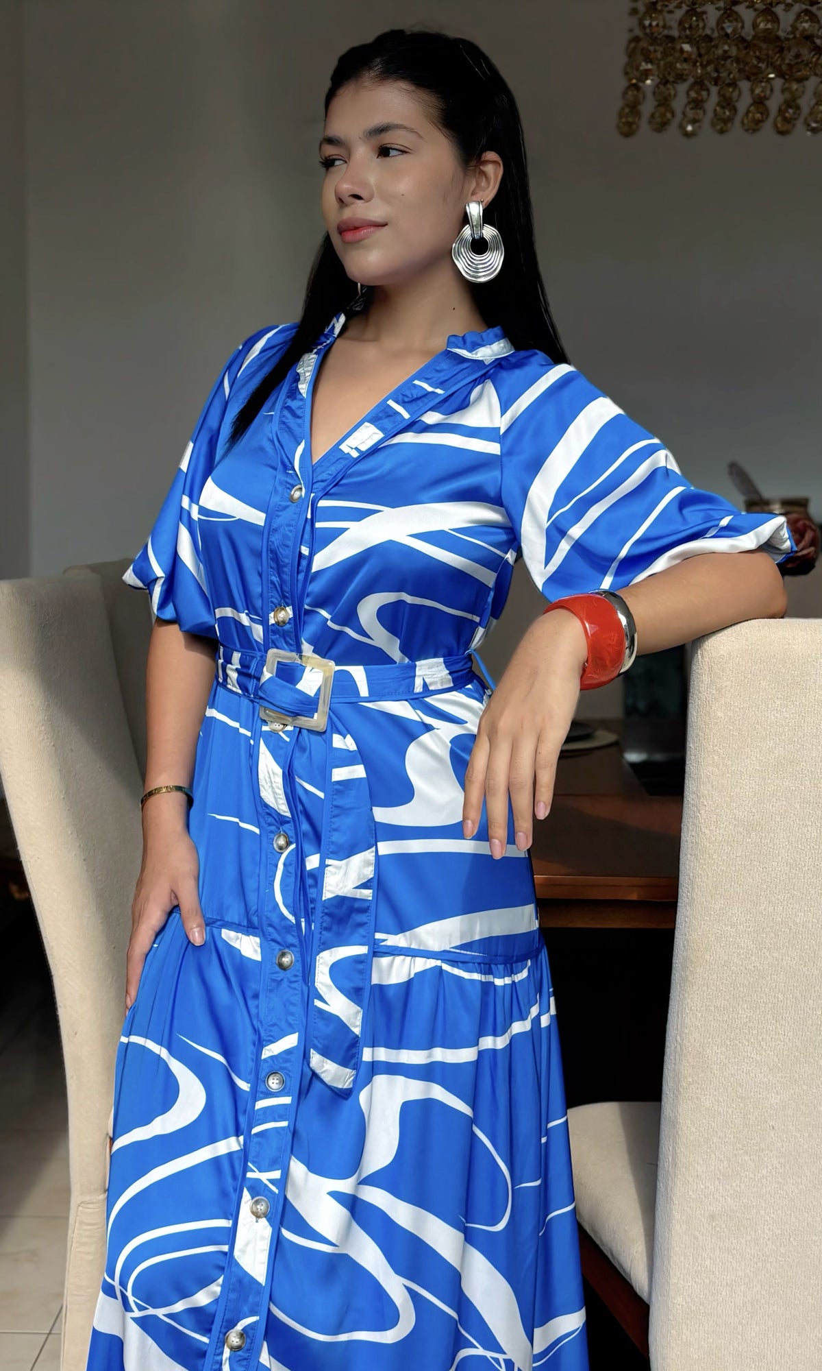 Vestido Midi Camisero Estampado Azul