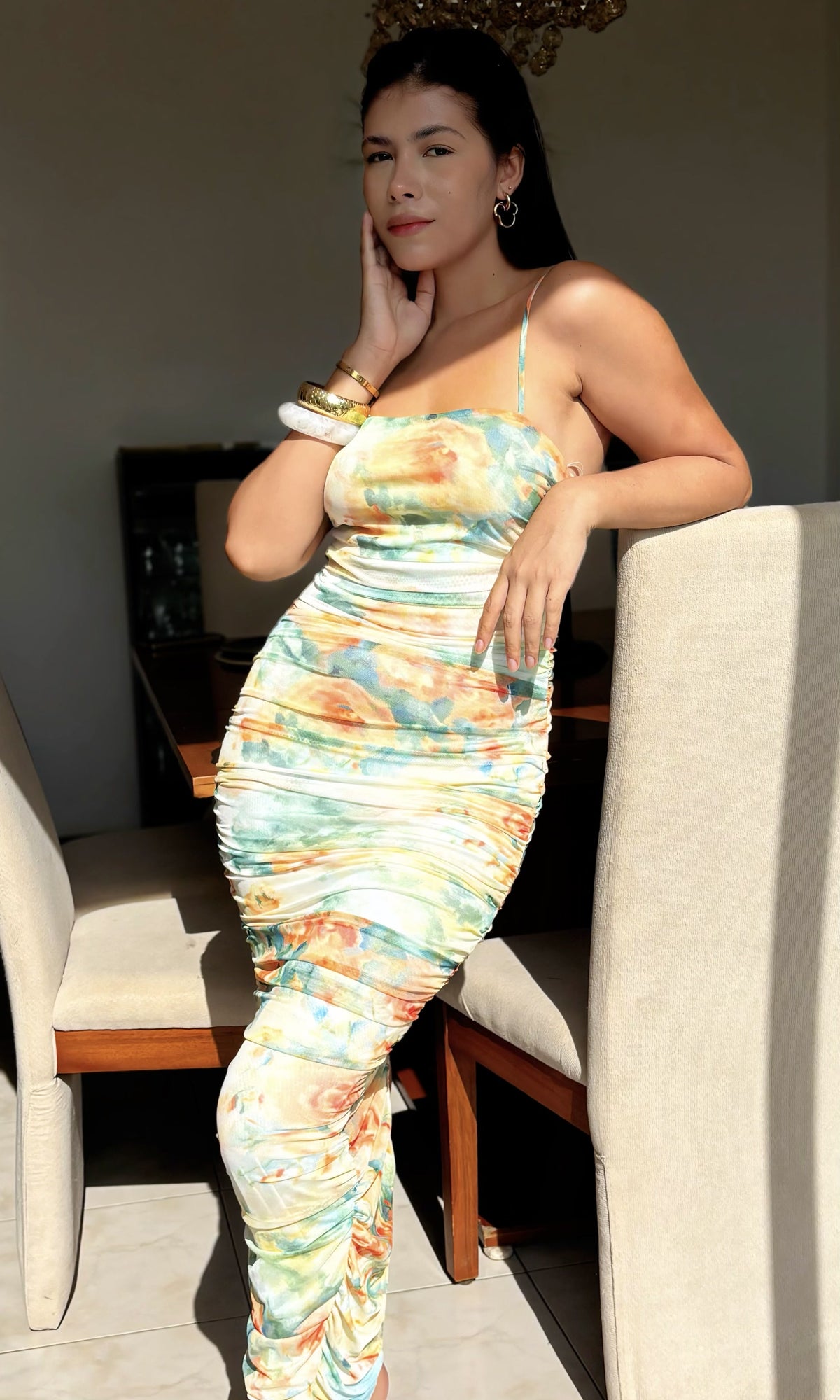 Vestido Midi Fruncido Acuarela Floreado