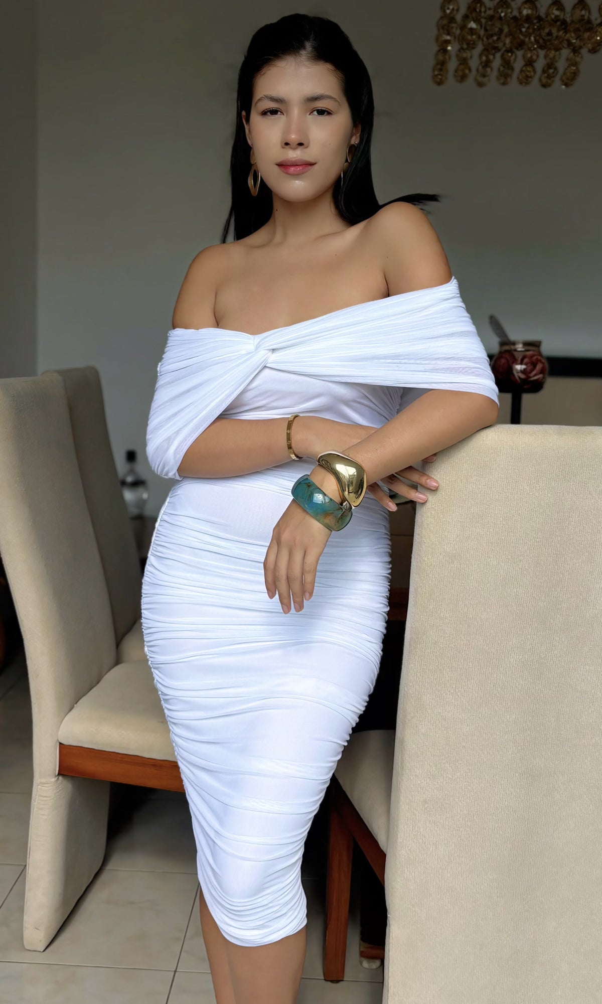 Vestido Midi Hombros Descubiertos Blanco