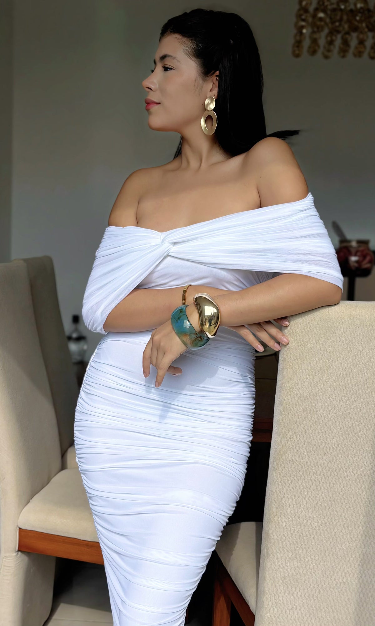 Vestido Midi Hombros Descubiertos Blanco