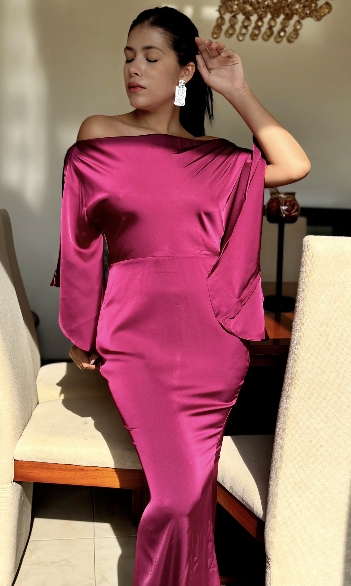 Vestido Largo Manga Kimono Fucsia
