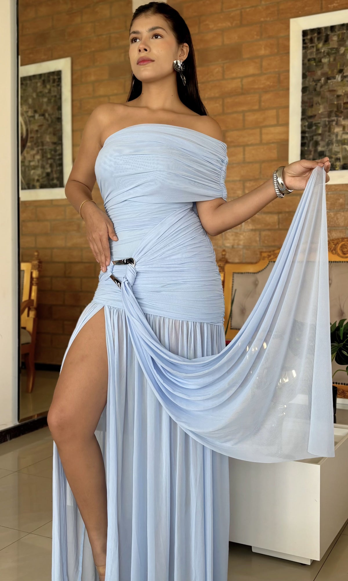 Vestido Largo Abertura Drapeado Celeste