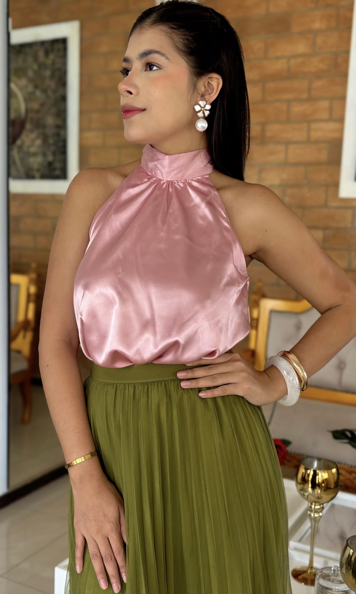Blusa Halter Cuello Alto Rosa