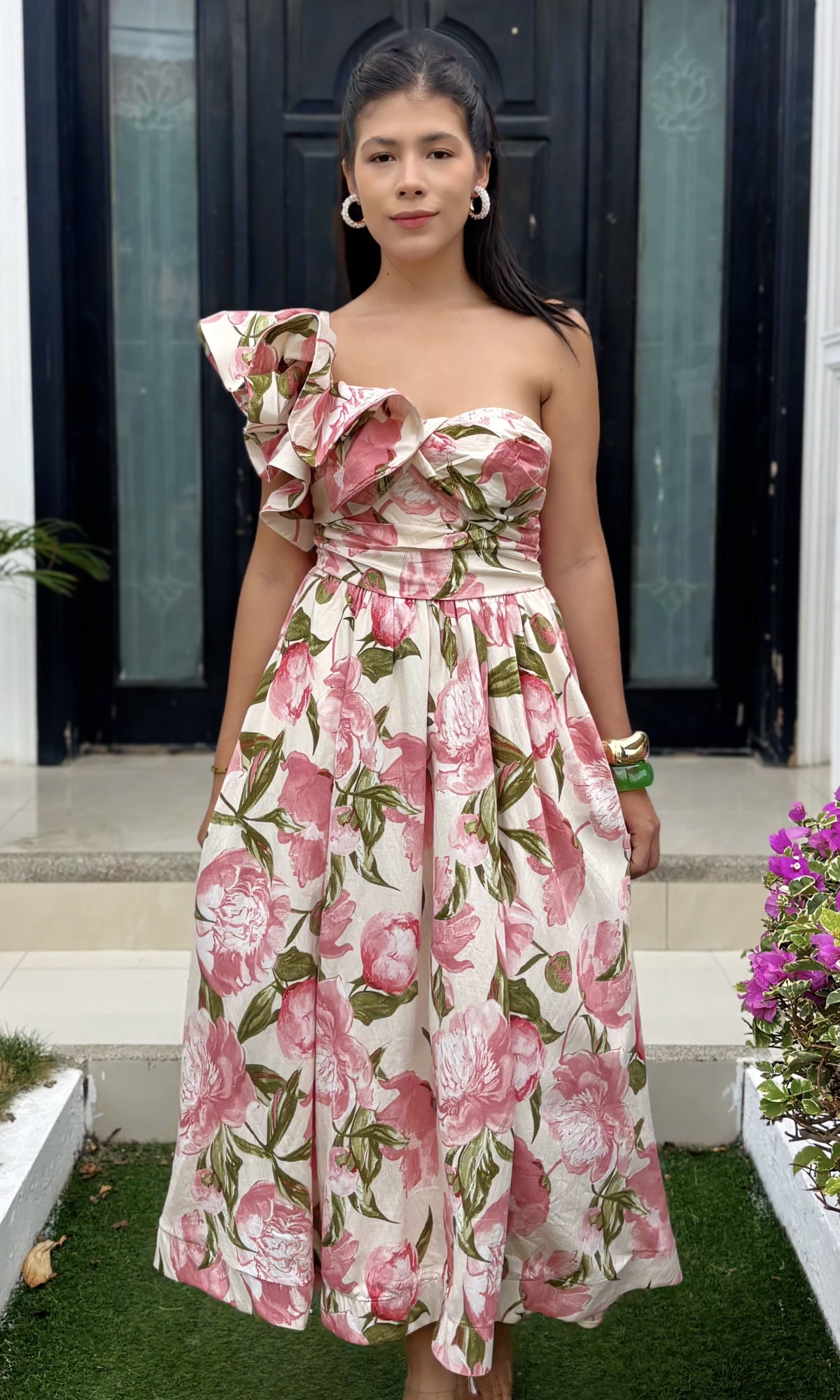 Vestido Midi Volante Asimétrico Floral rosa