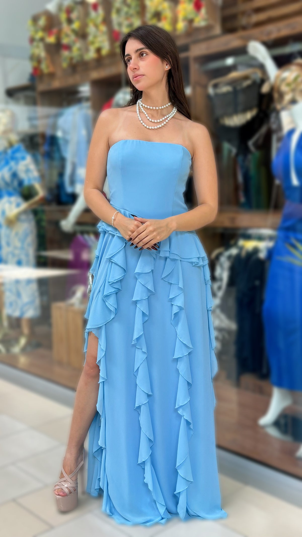 Vestido Strapless Volantes Celeste