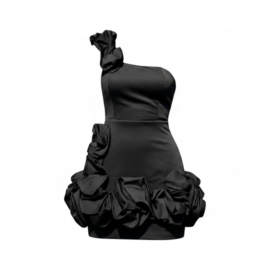 Vestido Corto Un Hombro Rosas 3D