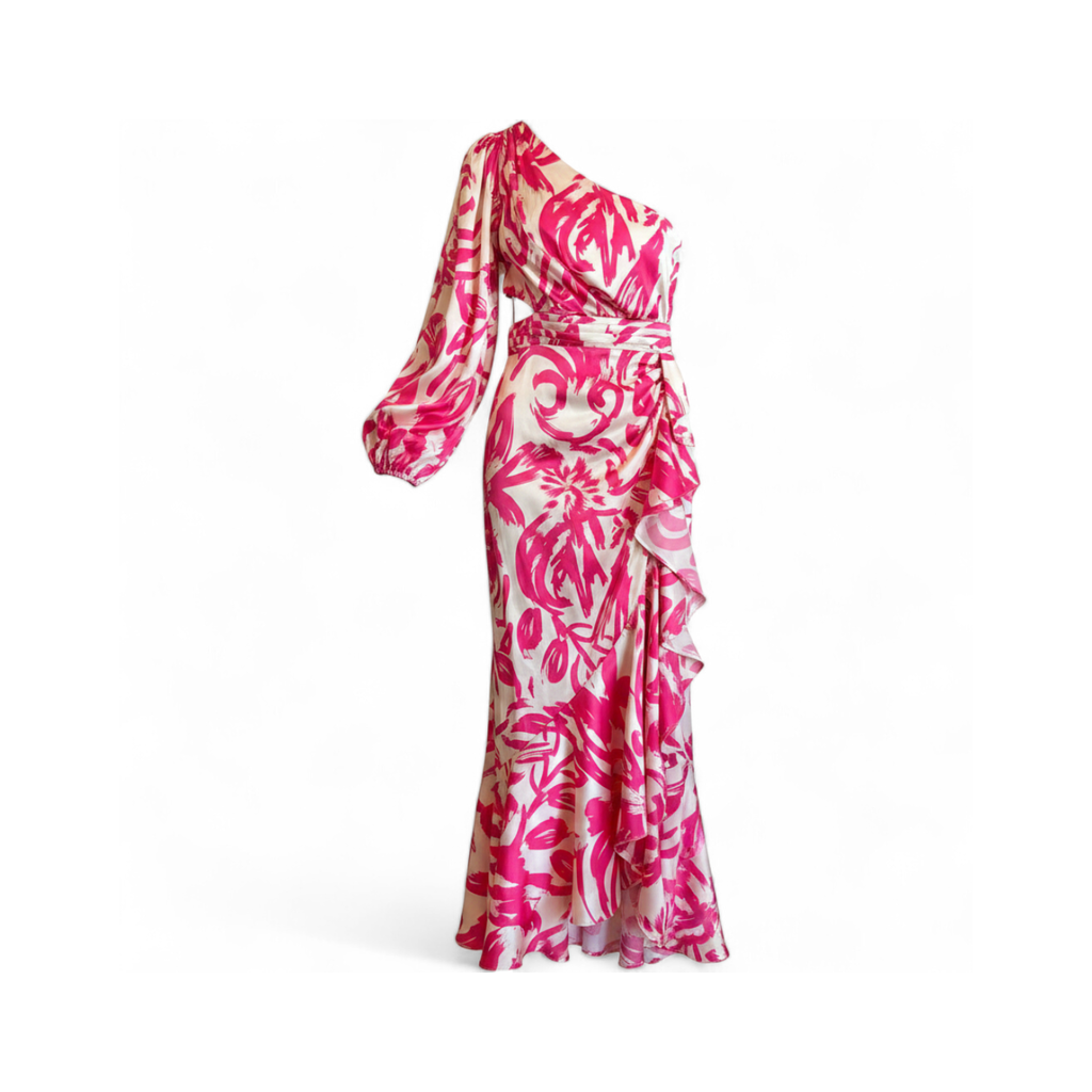 Vestido Largo Fucsia Un Hombro