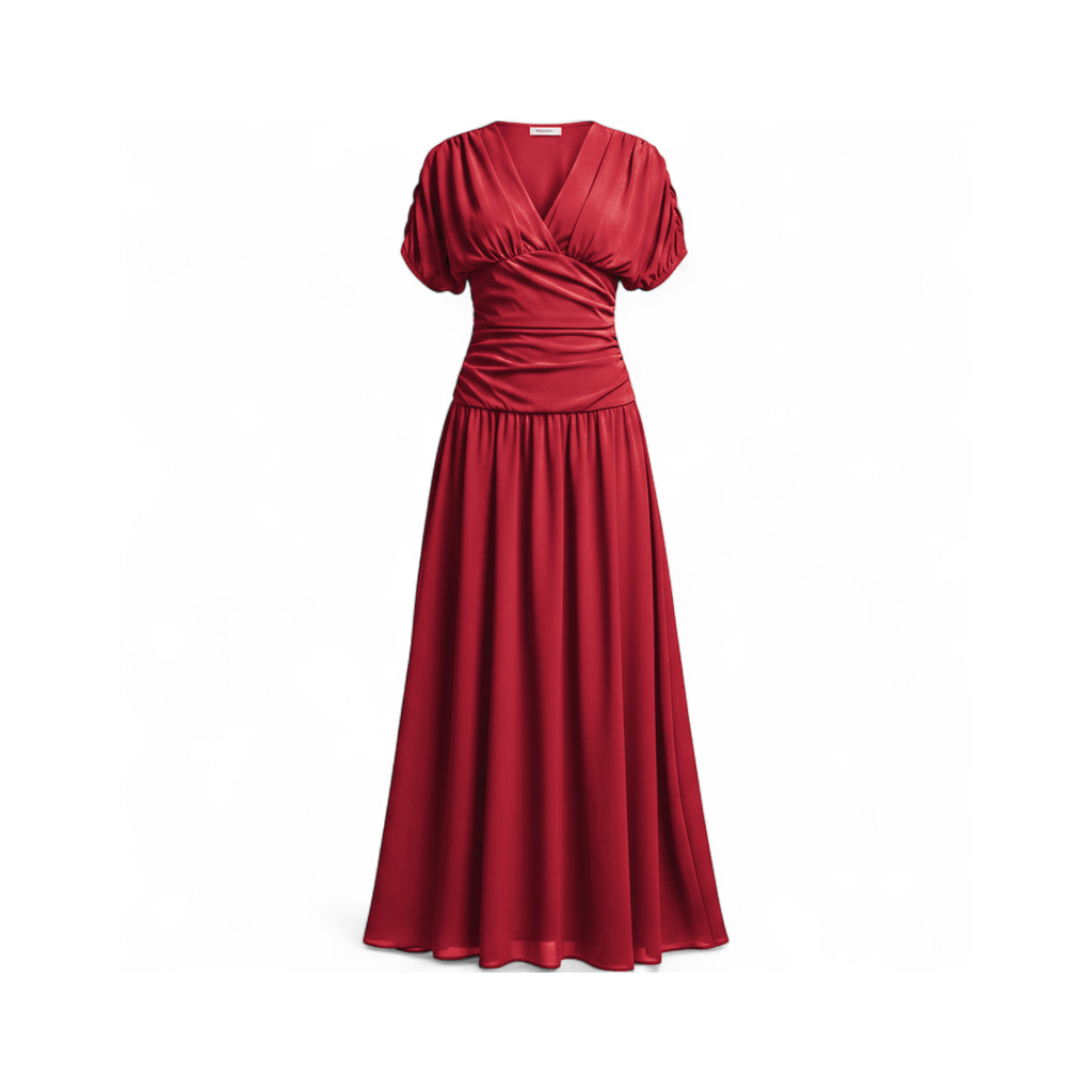 Vestido Largo Escote Cruzado Manga Abullonada :: Rojo
