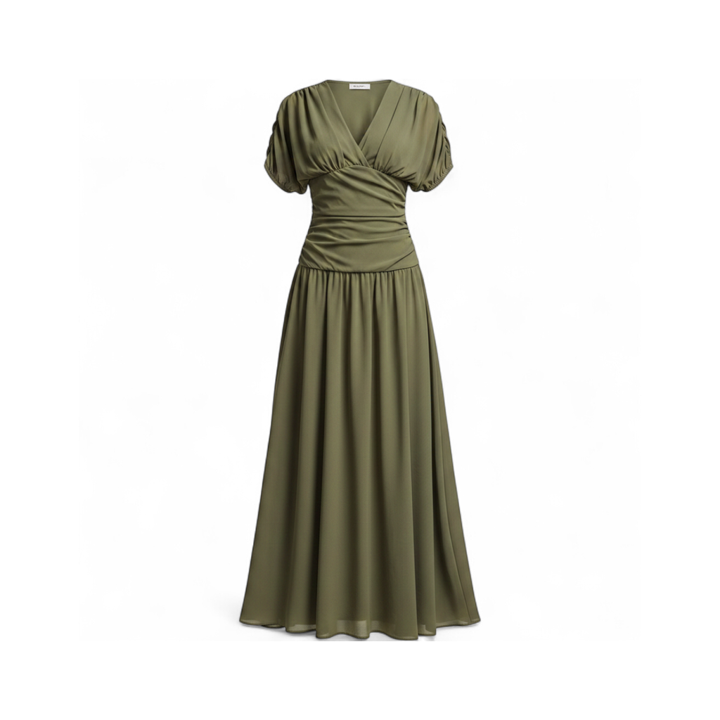 Vestido Largo Escote Cruzado Manga Abullonada