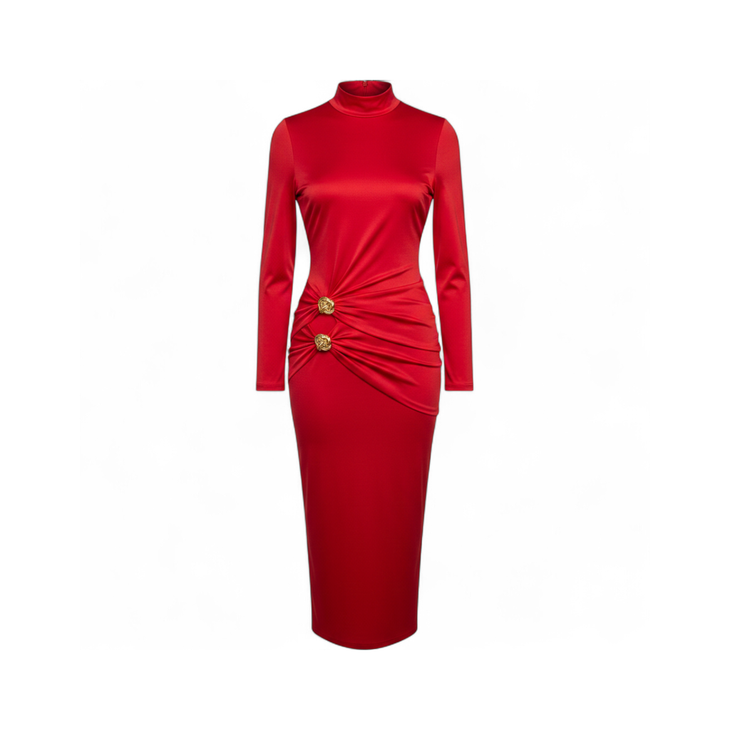 Vestido Rojo Midi Cuello Alto